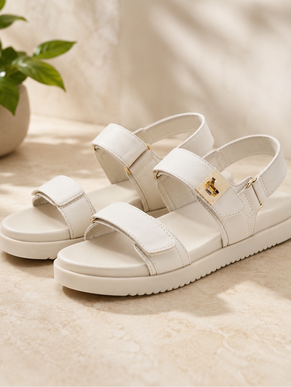 Everyday White Adjustable Strap Sandals with Gold Accent